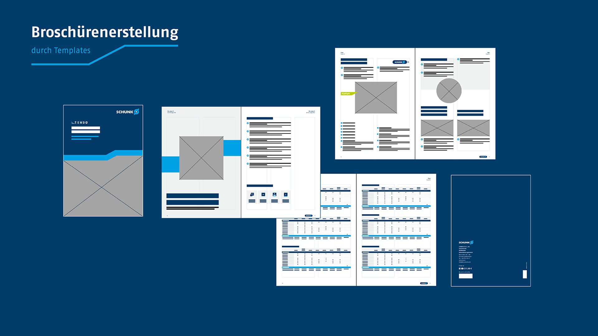 Struktur trifft Design: Wireframe-Visualisierung der Schunk-Broschürenlayouts – ein Blick auf das Look & Feel.