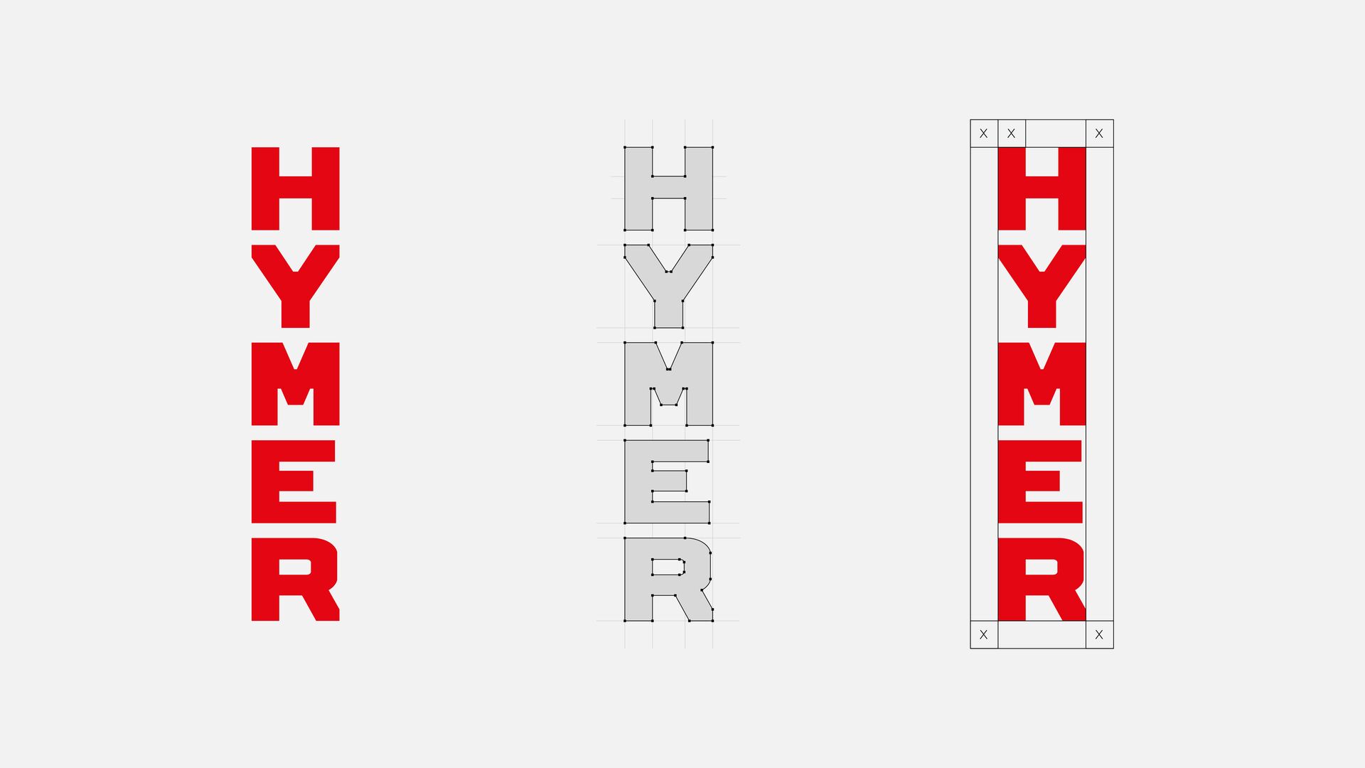 Das Hymer-Logo in Szene gesetzt: klassische Variante, Wireframe-Darstellung und mit geschütztem Freiraum. Markenpräsenz in Perfektion.