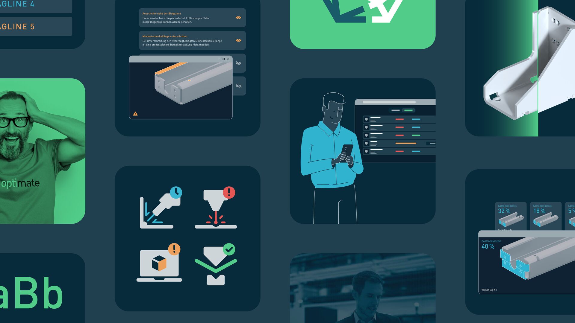 Visuelle Gestaltungselemente der Marke Optimate, modern und markenstark präsentiert