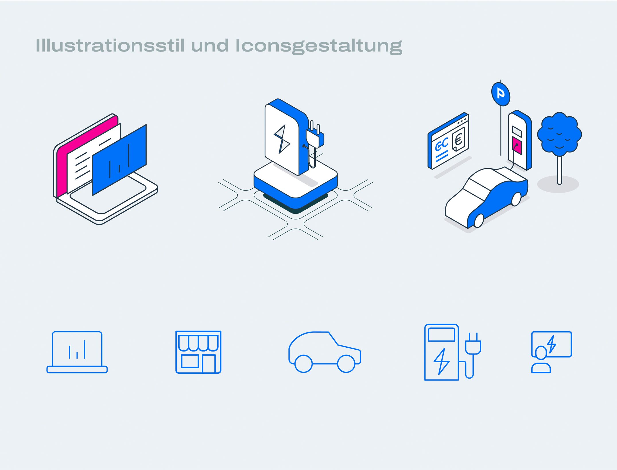 Übersicht der Illustrations- und Icon-Stile von chargecloud – ideal für eine einheitliche visuelle Sprache.