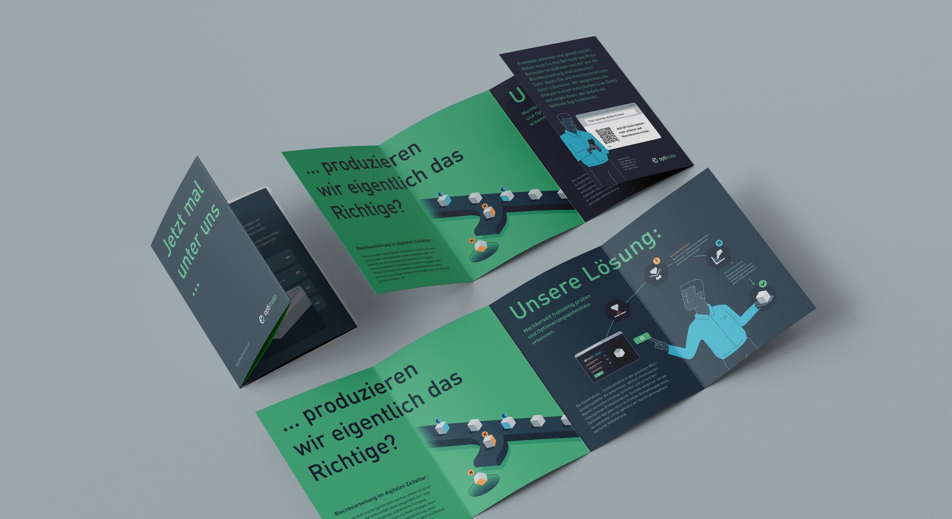 Optimate-Falzflyer mit ansprechender Gestaltung und klarem Markenauftritt