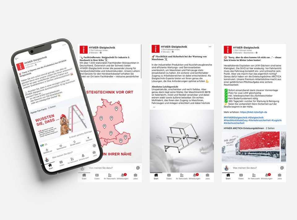 Professionell vernetzt: Drei beispielhafte LinkedIn-Posts mit Smartphone-Mockup im Vordergrund.